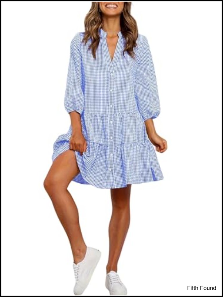 Women's Casual Plaid Midi Shirt Dress 3/4 Puff Sleeve Button Down Loose Fit